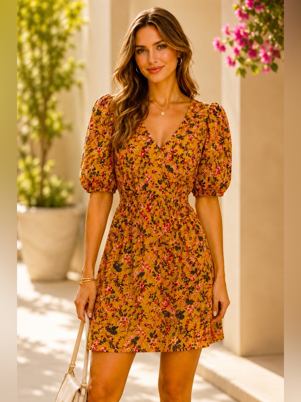 VERO MODA Mustard Floral Smocked Mini Dress